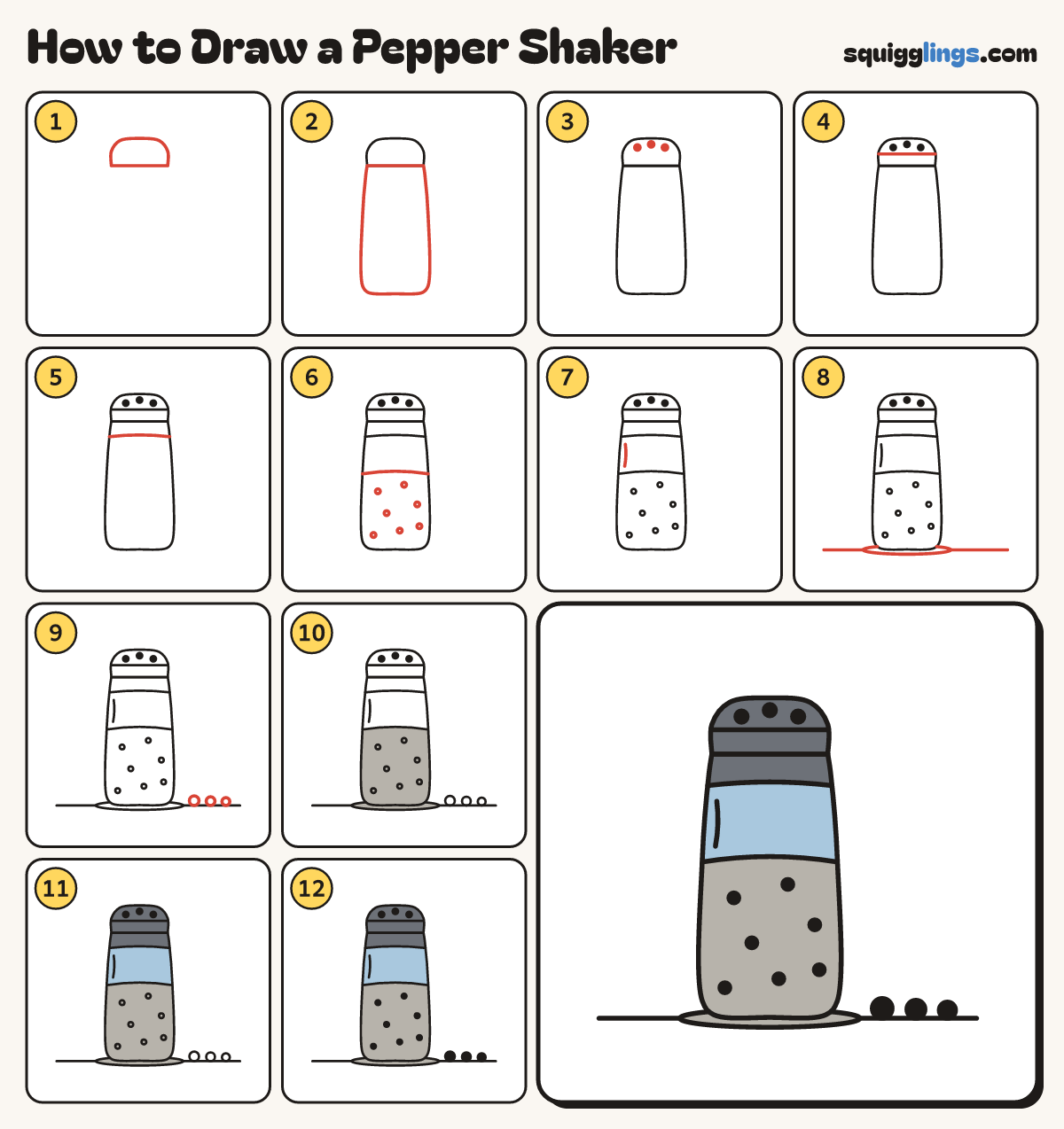 How to Draw a Pepper Shaker step by step: all 12 steps in one picture