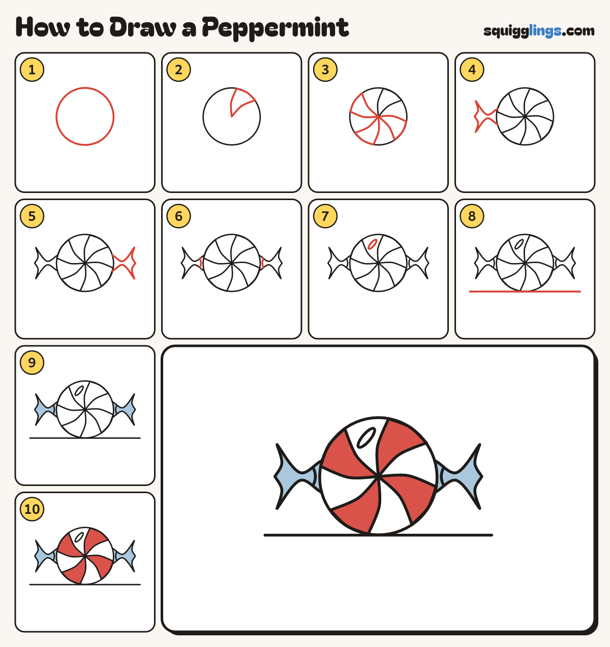 How to Draw a Peppermint step by step: all 10 steps in one picture