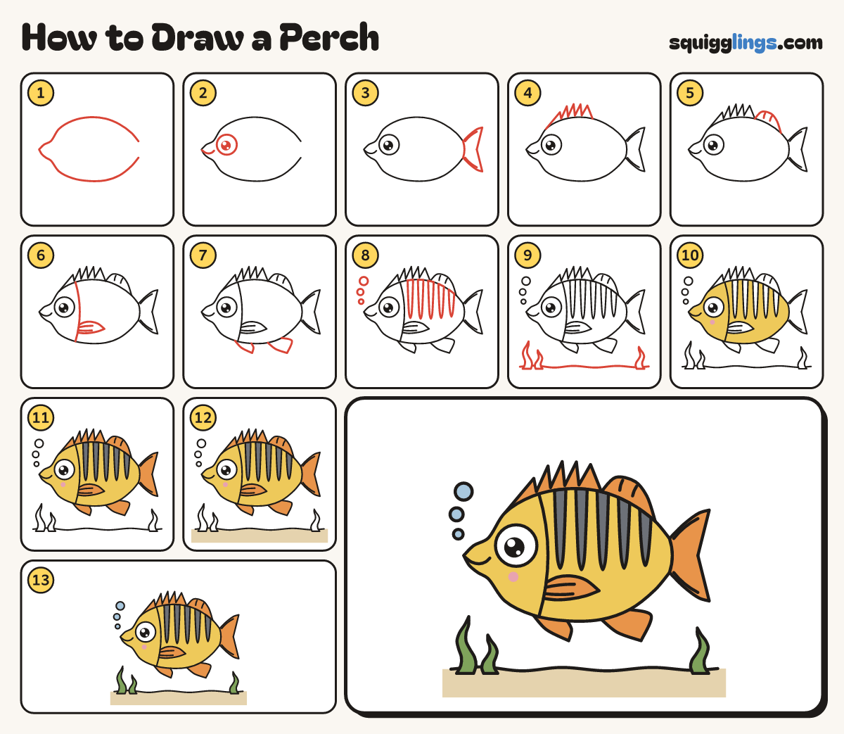How to Draw a Perch step by step: all 13 steps in one picture