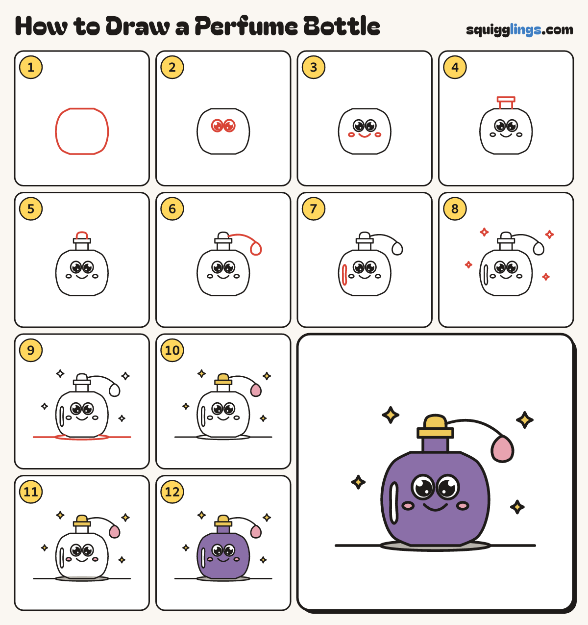 How to Draw a Perfume Bottle step by step: all 12 steps in one picture