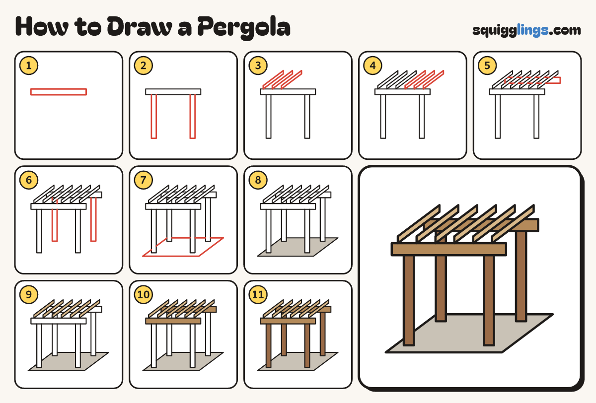 How to Draw a Pergola step by step: all 11 steps in one picture