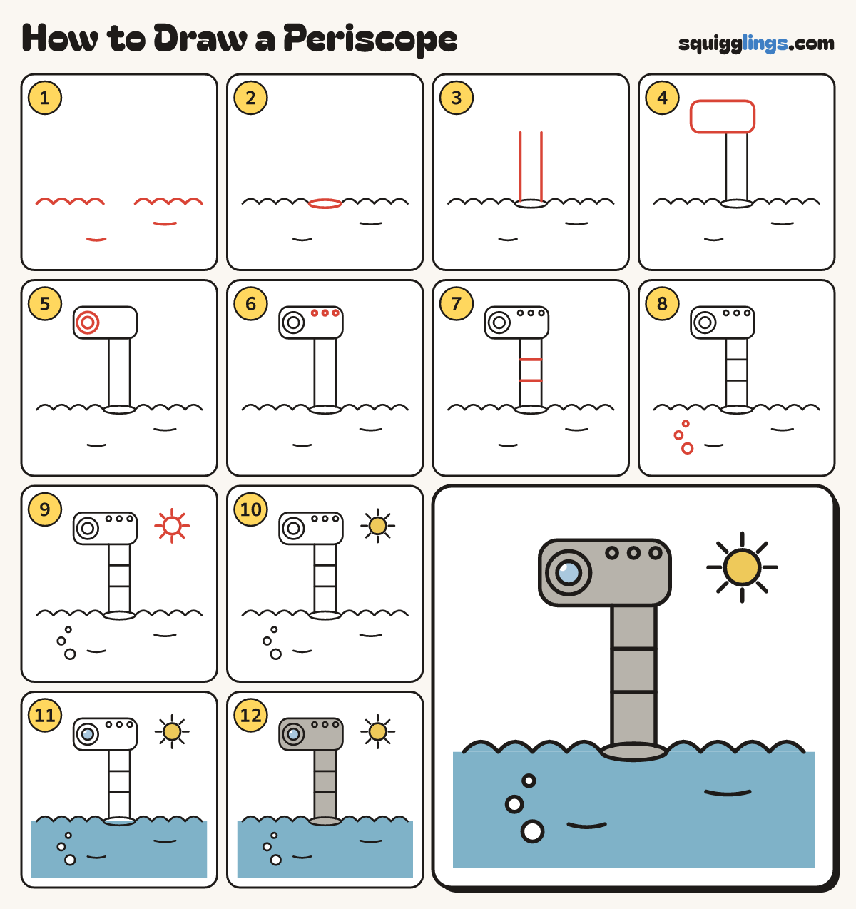 How to Draw a Periscope step by step: all 12 steps in one picture