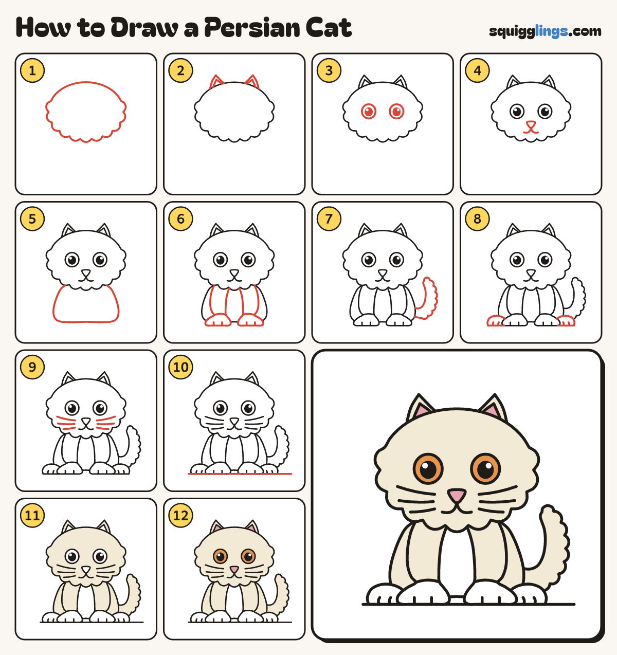 How to Draw a Persian Cat step by step: all 12 steps in one picture