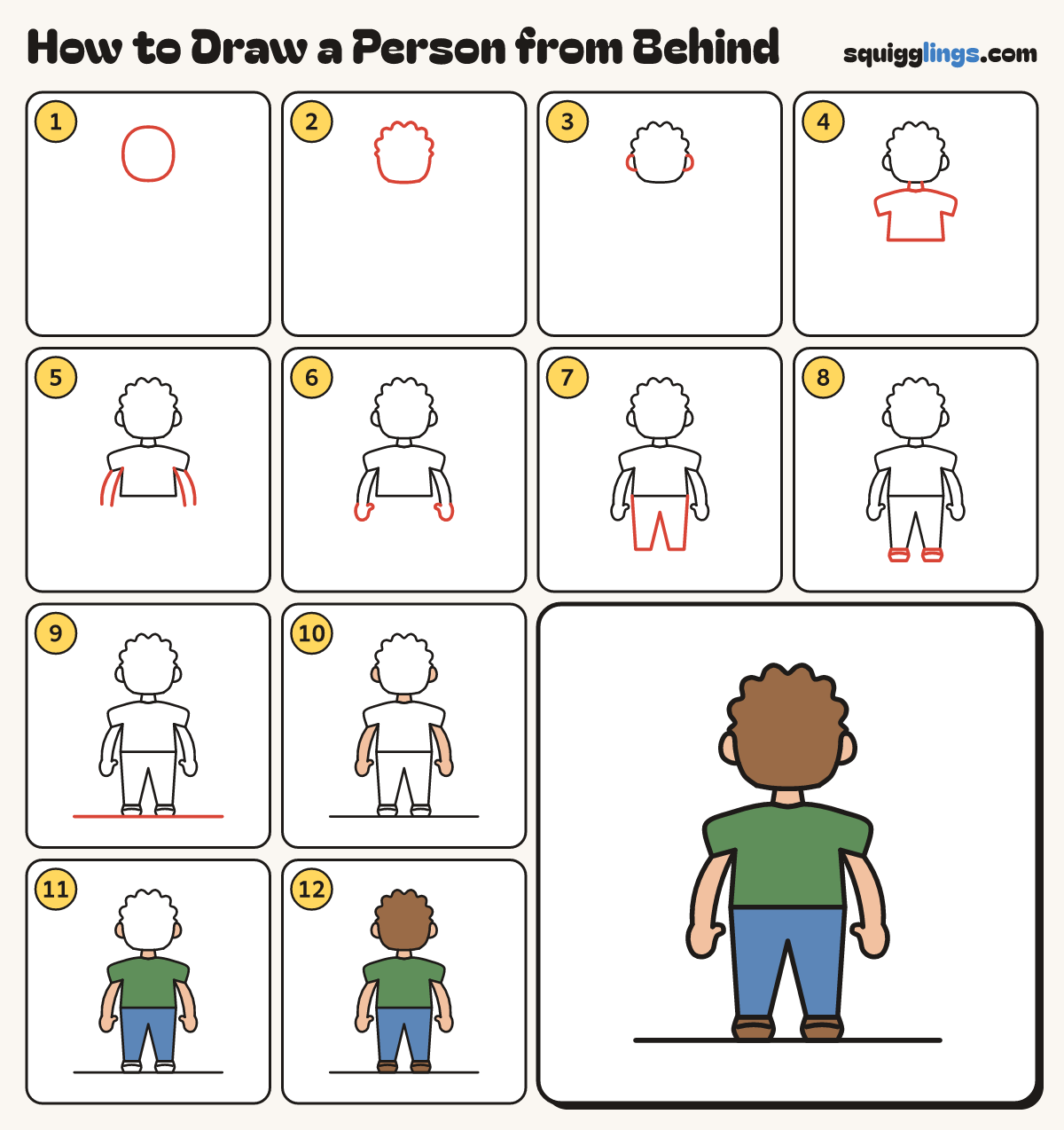How to Draw a Person from Behind step by step: all 12 steps in one picture