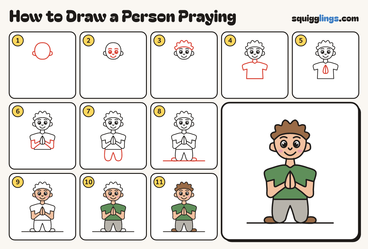 How to Draw a Person Praying step by step: all 11 steps in one picture