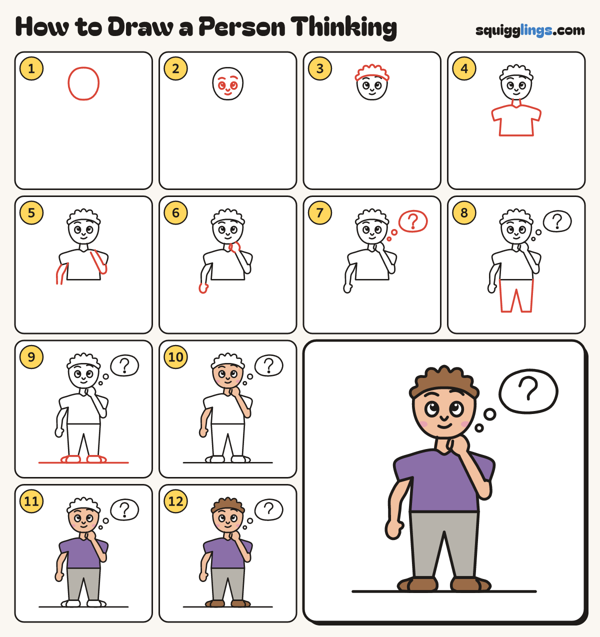 How to Draw a Person Thinking step by step: all 12 steps in one picture
