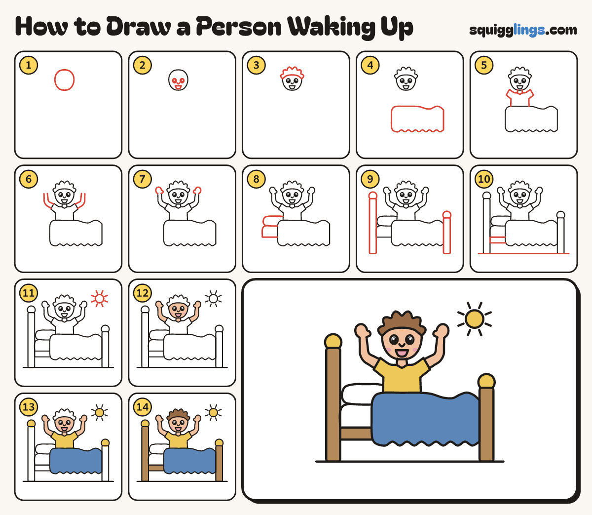 How to Draw a Person Waking Up step by step: all 14 steps in one picture