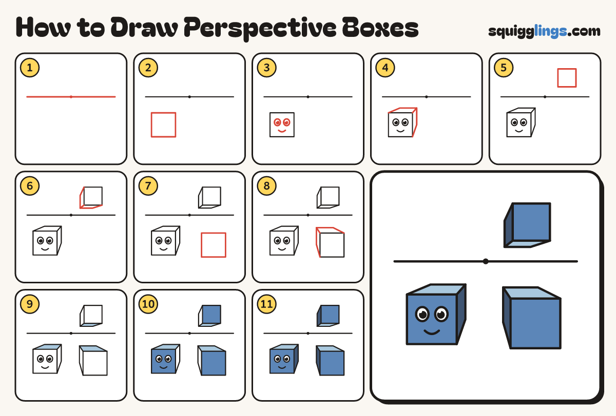 How to Draw Perspective Boxes step by step: all 11 steps in one picture