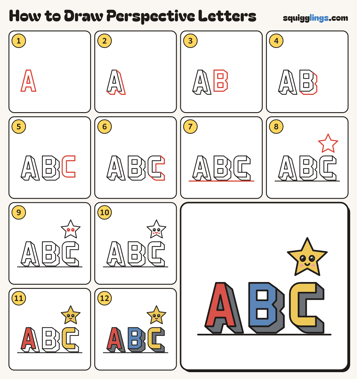 How to Draw Perspective Letters step by step: all 12 steps in one picture