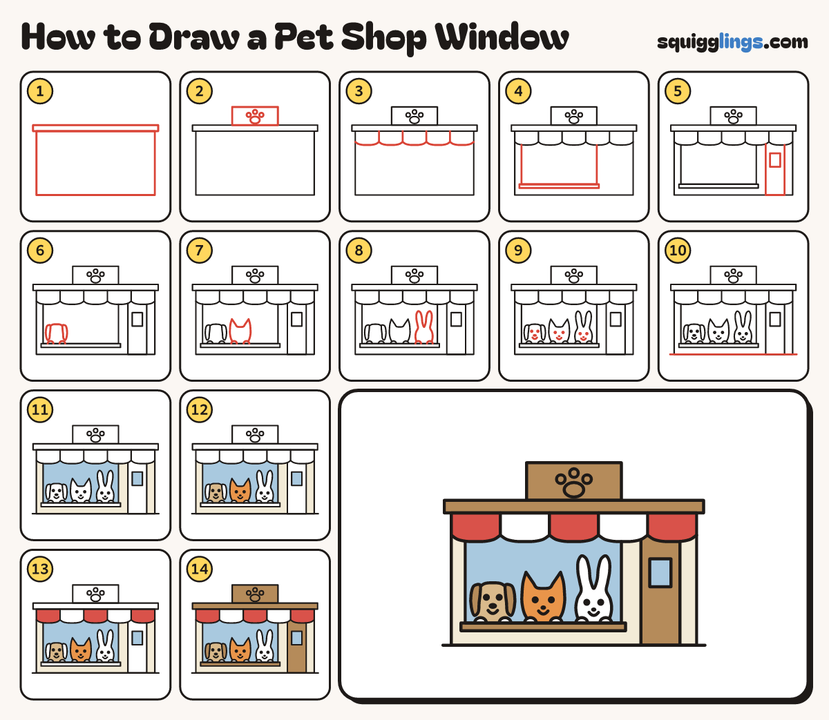 How to Draw a Pet Shop Window step by step: all 14 steps in one picture