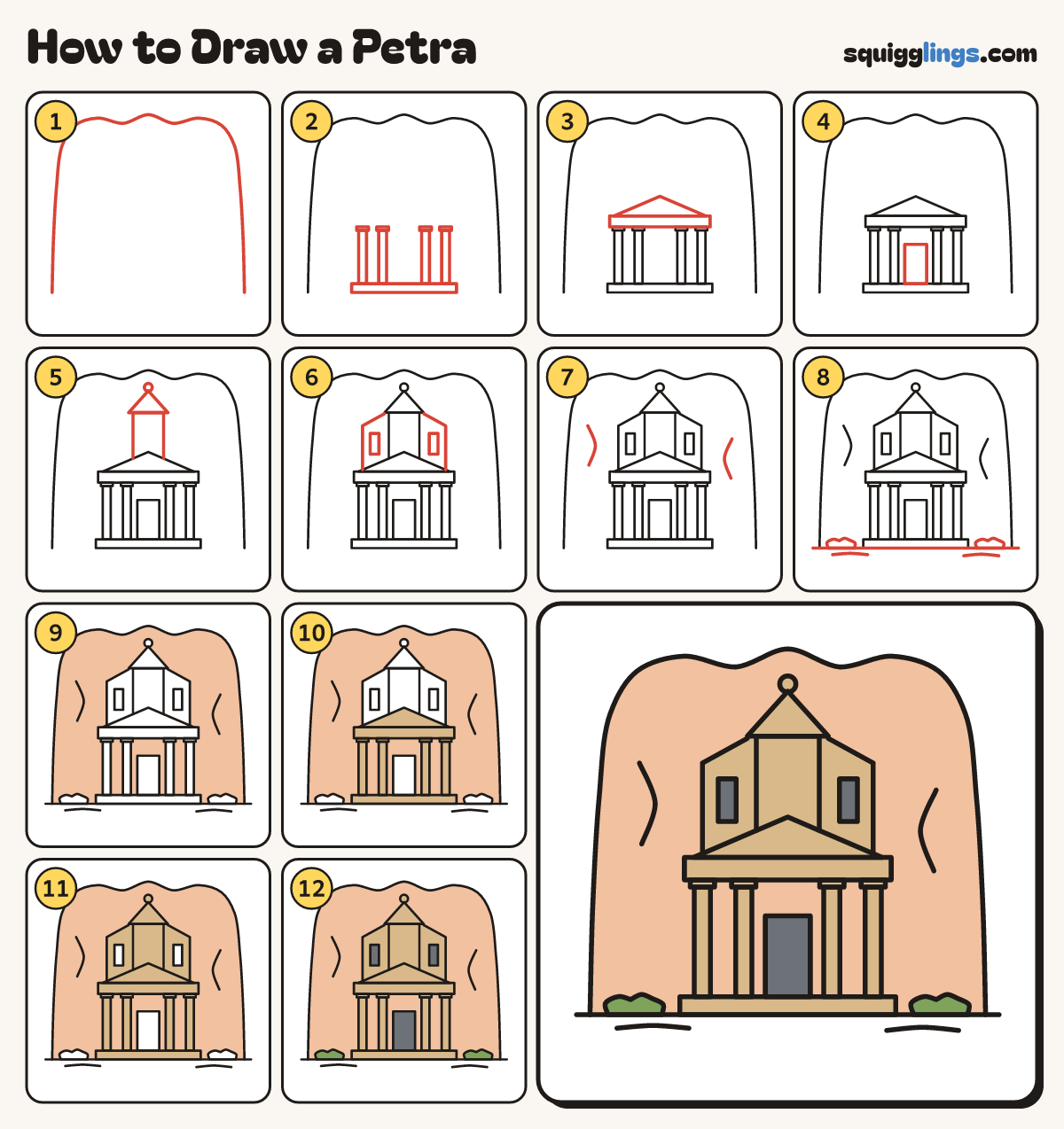 How to Draw a Petra step by step: all 12 steps in one picture
