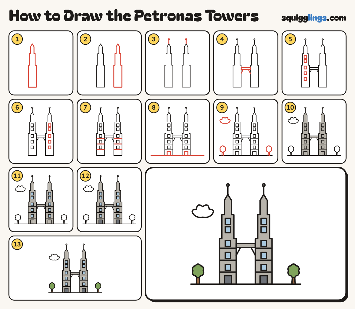 How to Draw the Petronas Towers step by step: all 13 steps in one picture