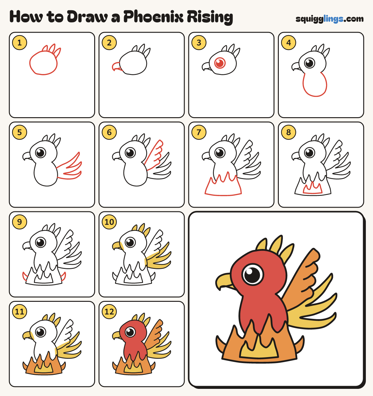 How to Draw a Phoenix Rising step by step: all 12 steps in one picture