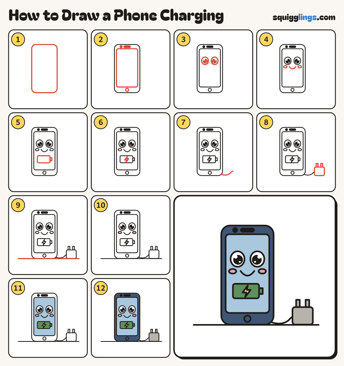 How to Draw a Phone Charging step by step: all 12 steps in one picture
