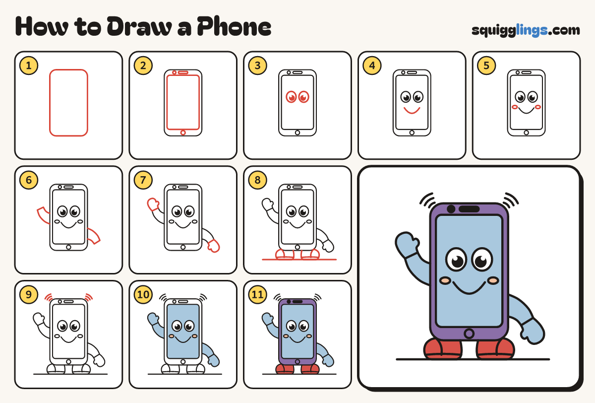 How to Draw a Phone step by step: all 11 steps in one picture