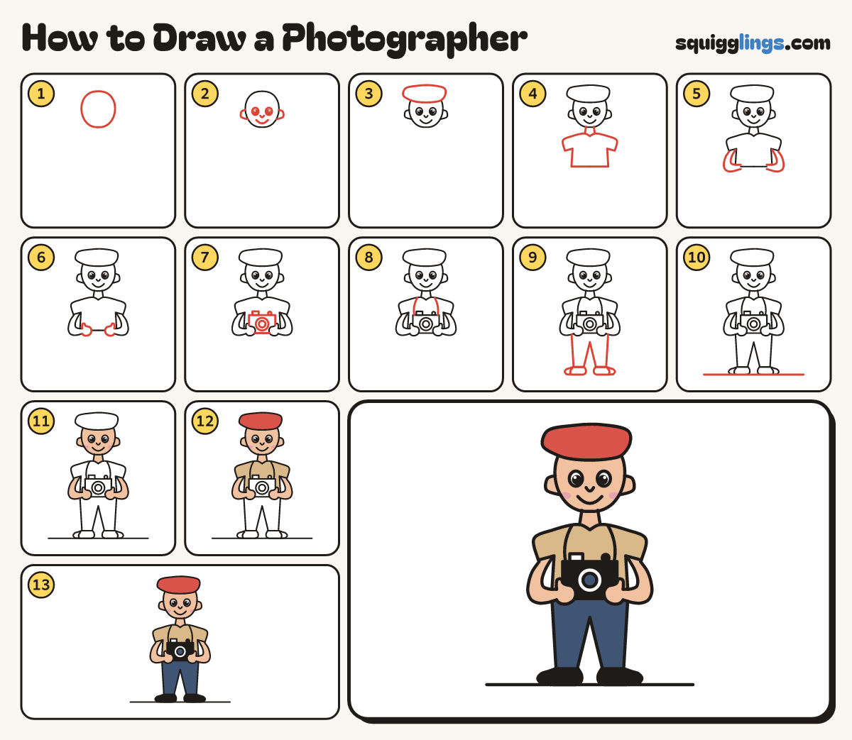 How to Draw a Photographer step by step: all 13 steps in one picture