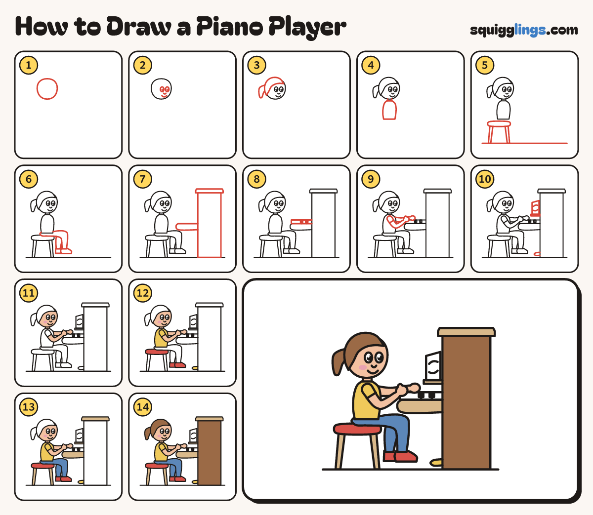 How to Draw a Piano Player step by step: all 14 steps in one picture