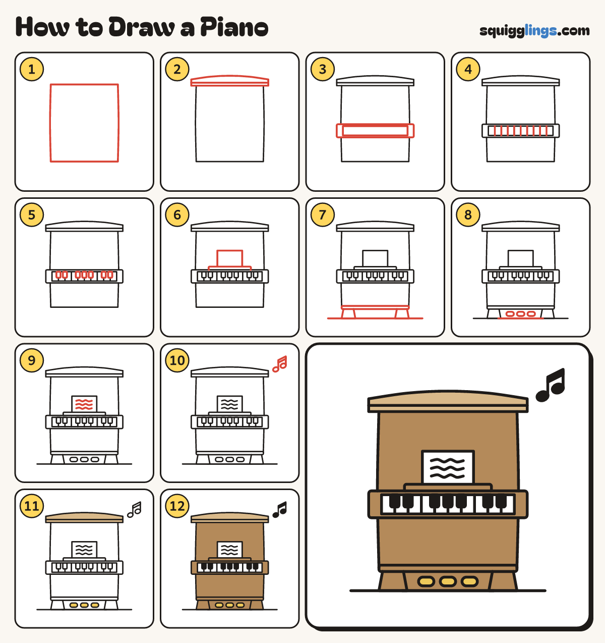 How to Draw a Piano step by step: all 12 steps in one picture