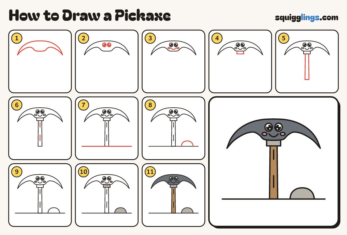 How to Draw a Pickaxe step by step: all 11 steps in one picture