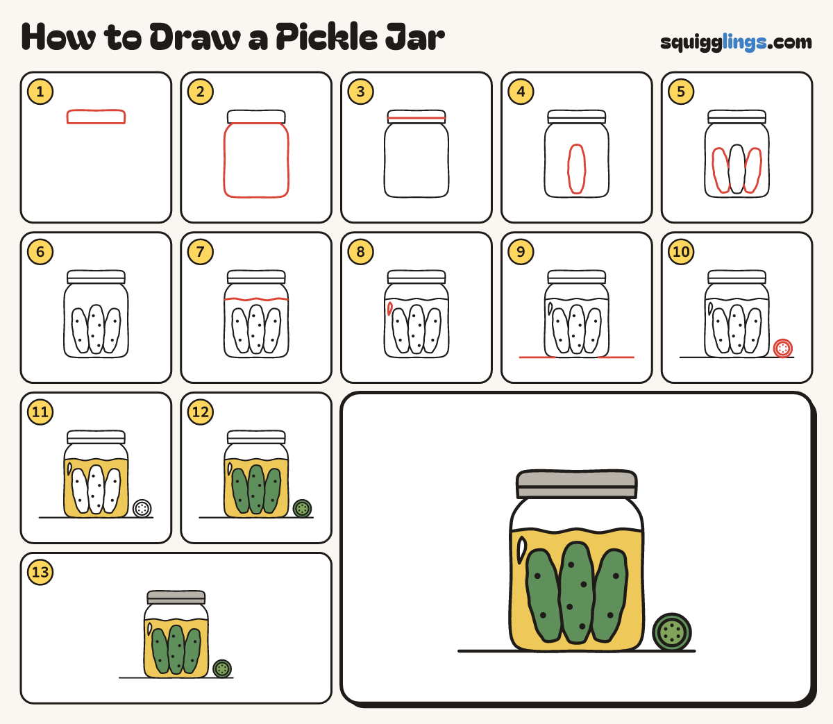 How to Draw a Pickle Jar step by step: all 13 steps in one picture