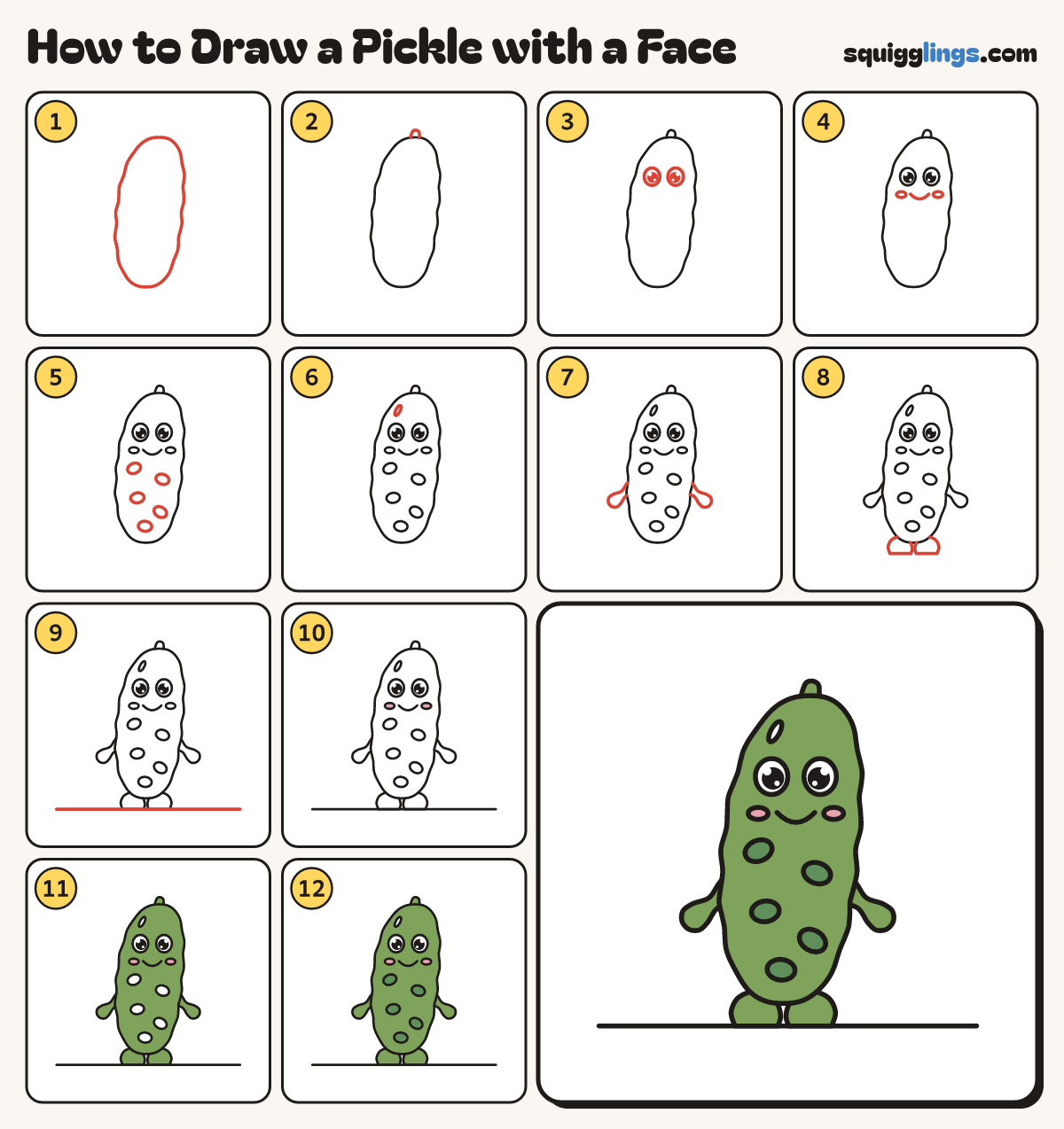 How to Draw a Pickle with a Face step by step: all 12 steps in one picture
