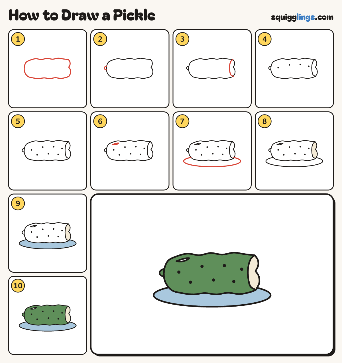 How to Draw a Pickle step by step: all 10 steps in one picture