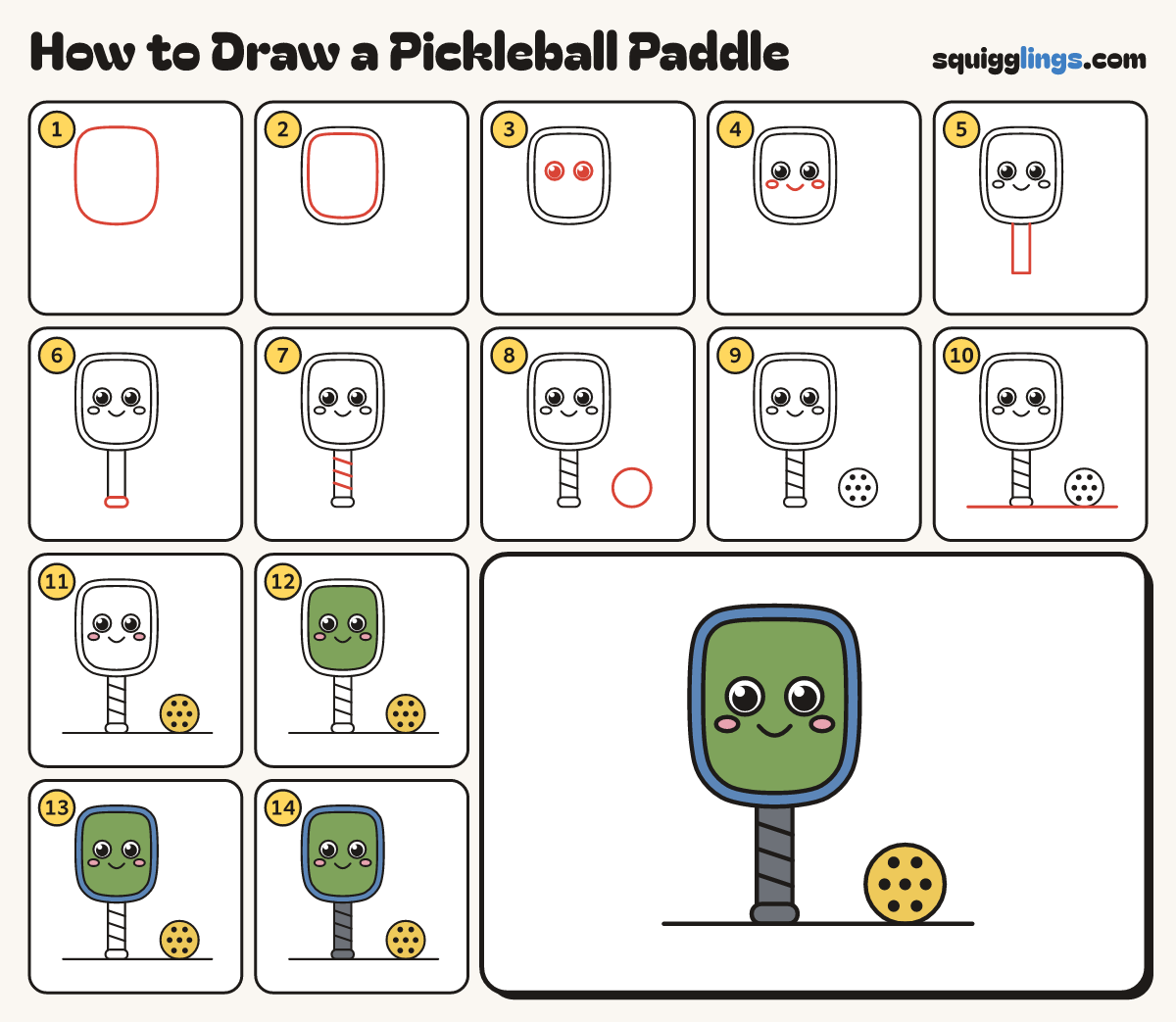 How to Draw a Pickleball Paddle step by step: all 14 steps in one picture