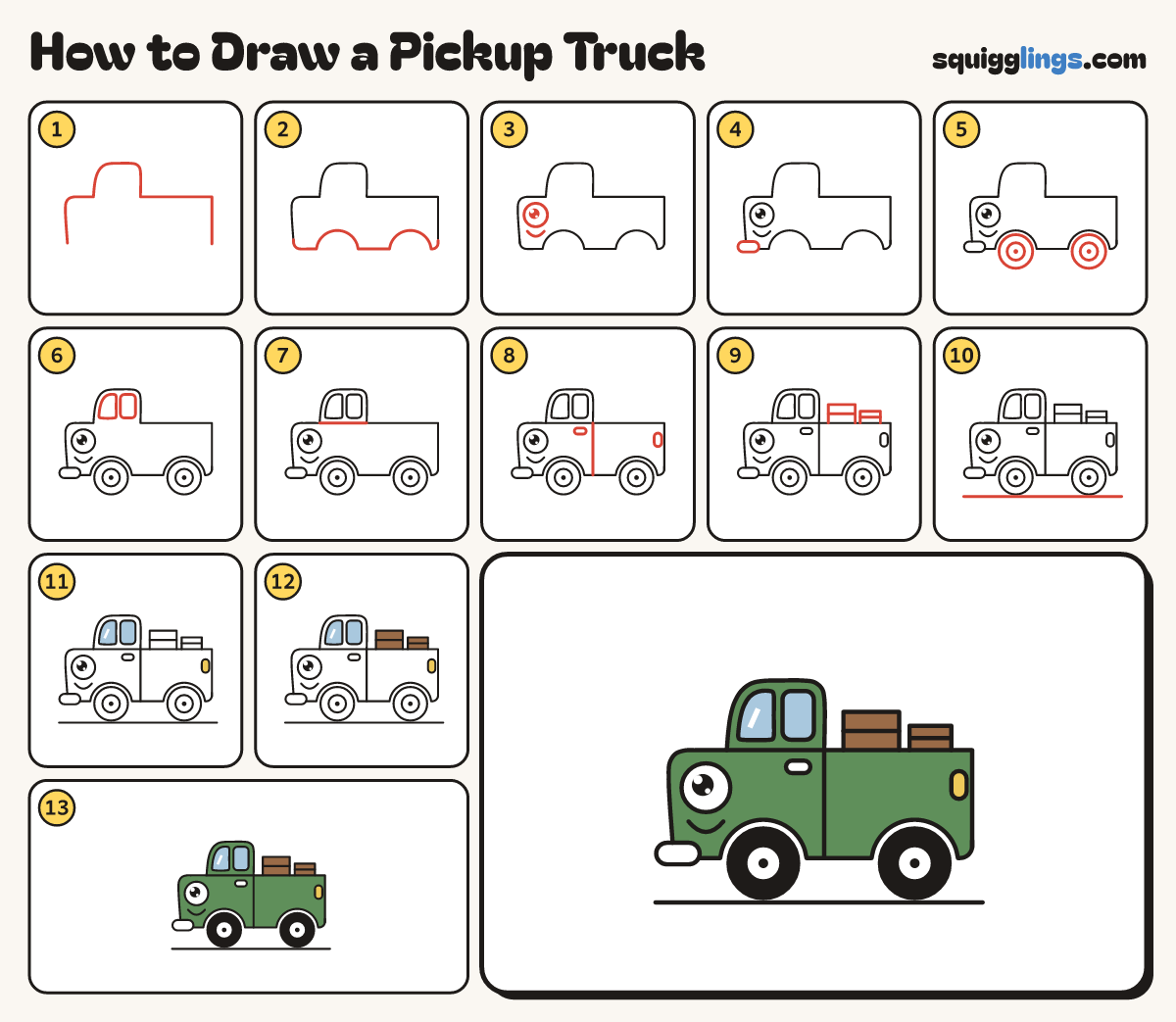 How to Draw a Pickup Truck step by step: all 13 steps in one picture