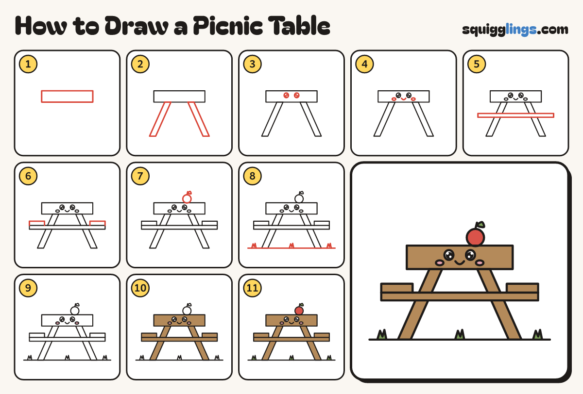 How to Draw a Picnic Table step by step: all 11 steps in one picture