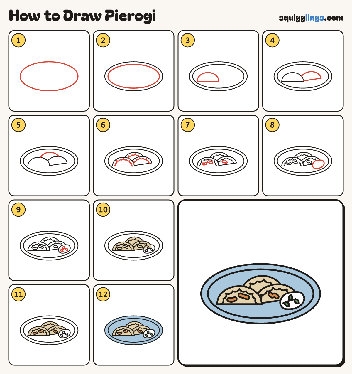 How to Draw Pierogi step by step: all 12 steps in one picture