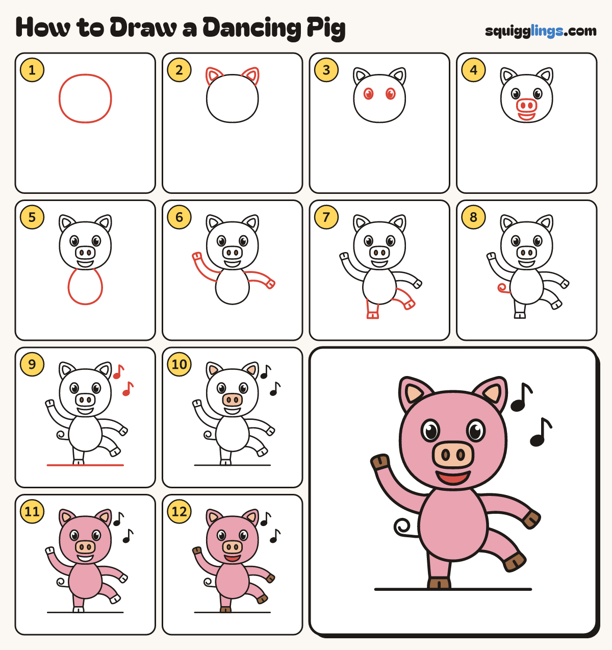 How to Draw a Dancing Pig step by step: all 12 steps in one picture