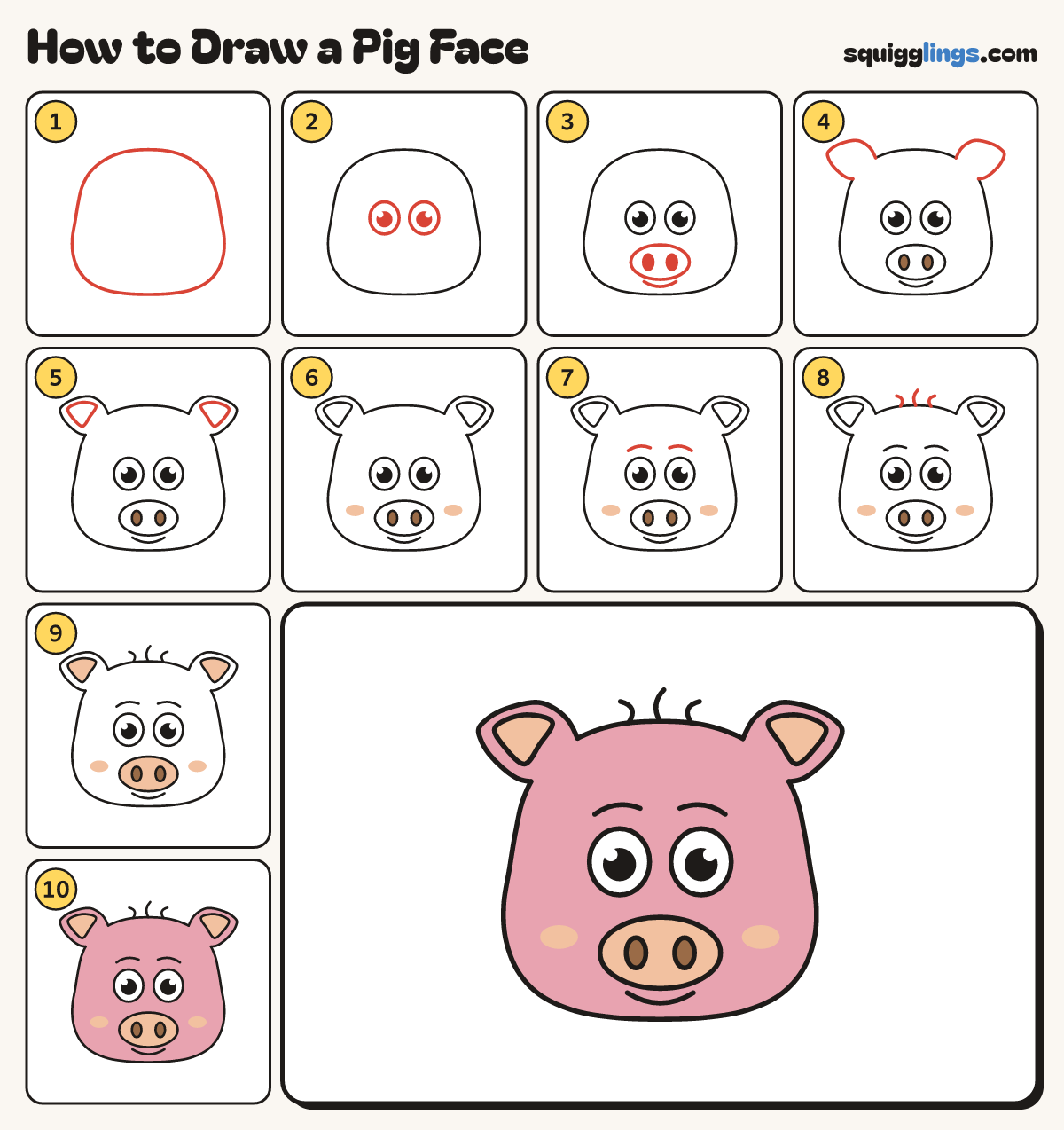 How to Draw a Pig Face step by step: all 10 steps in one picture