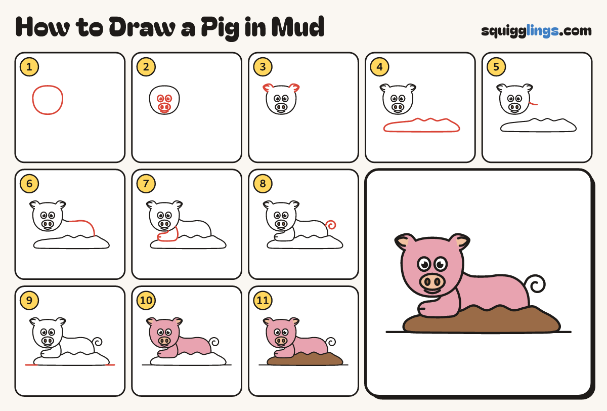 How to Draw a Pig in Mud step by step: all 11 steps in one picture