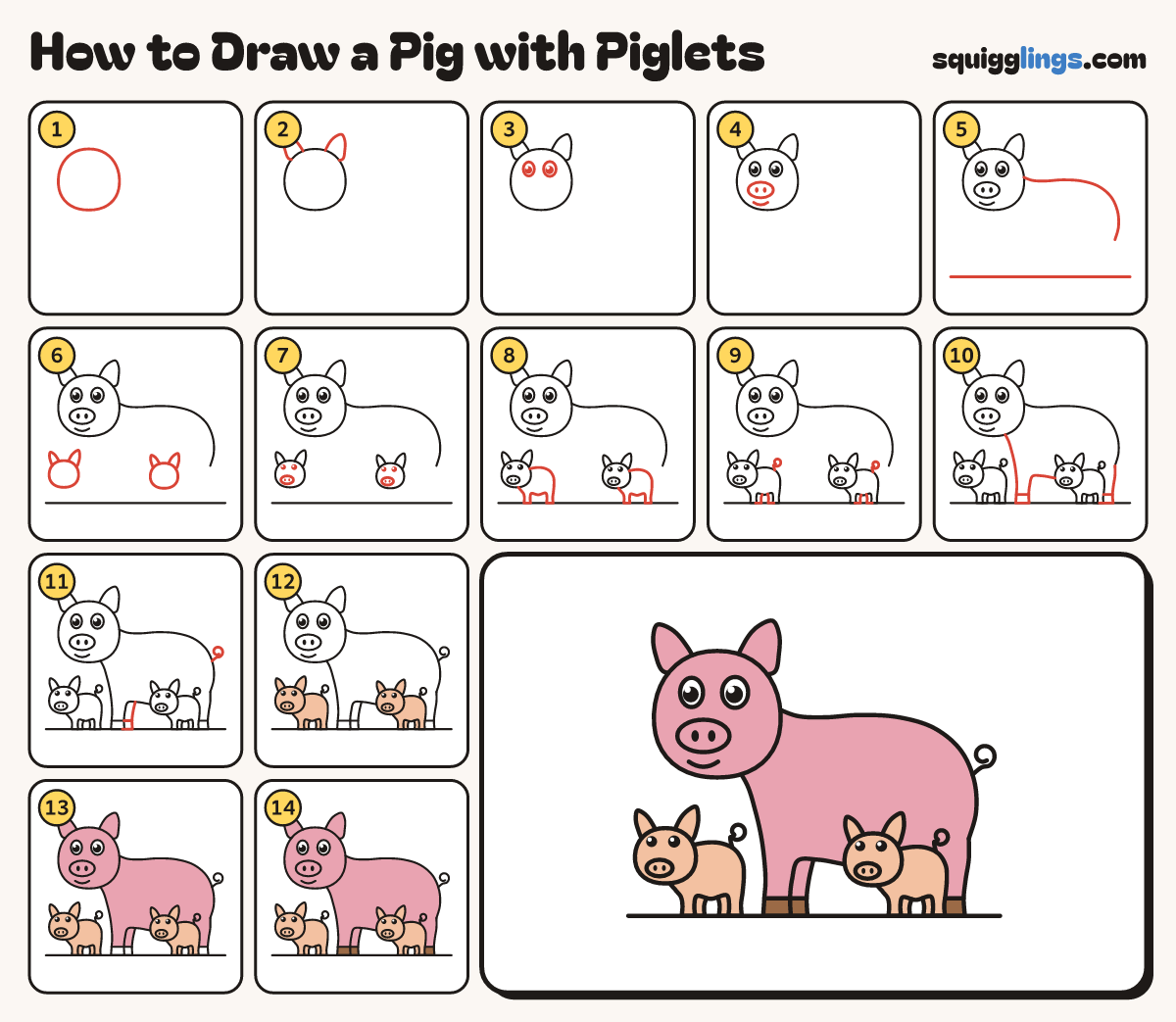 How to Draw a Pig with Piglets step by step: all 14 steps in one picture