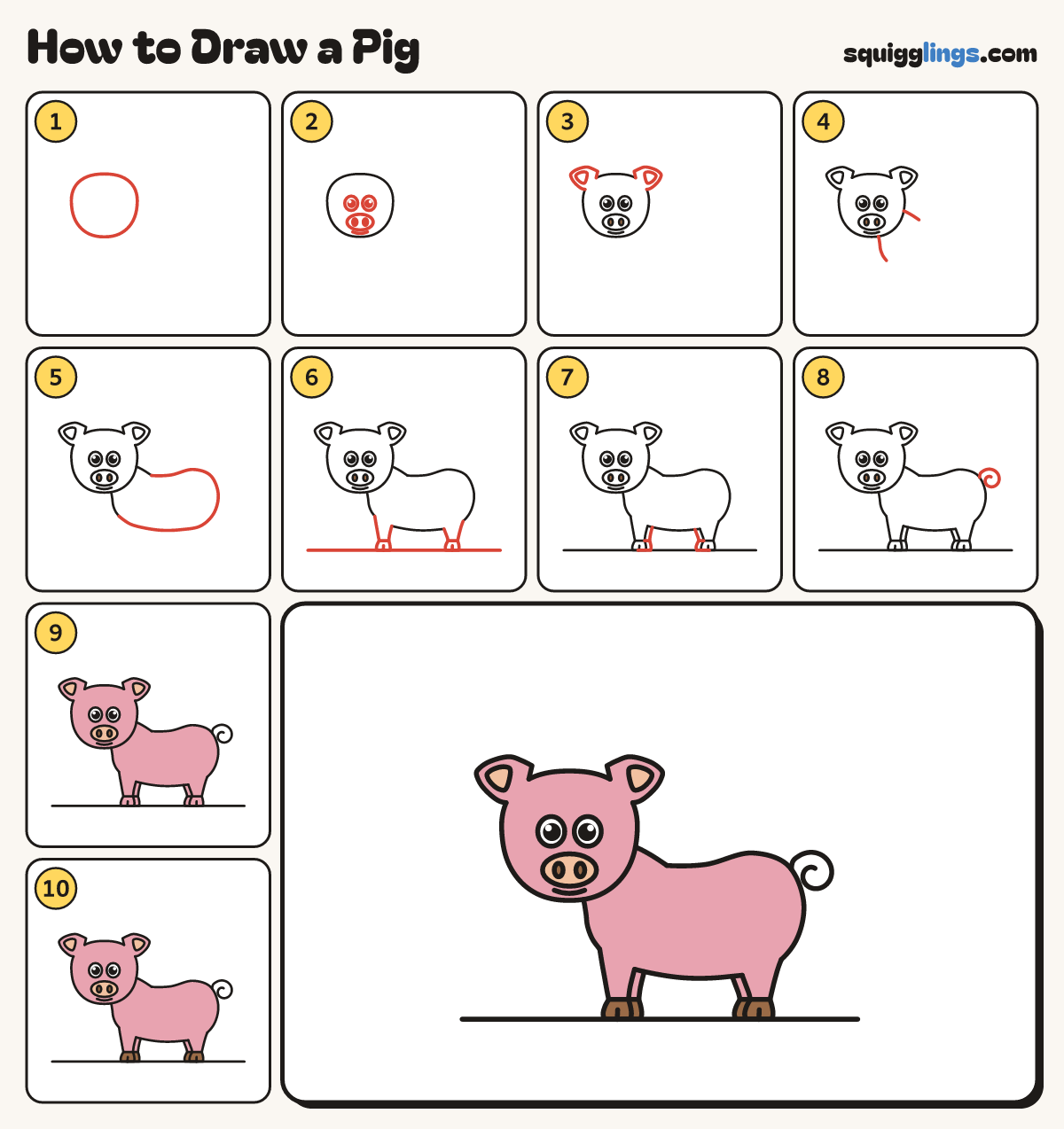 How to Draw a Pig step by step: all 10 steps in one picture