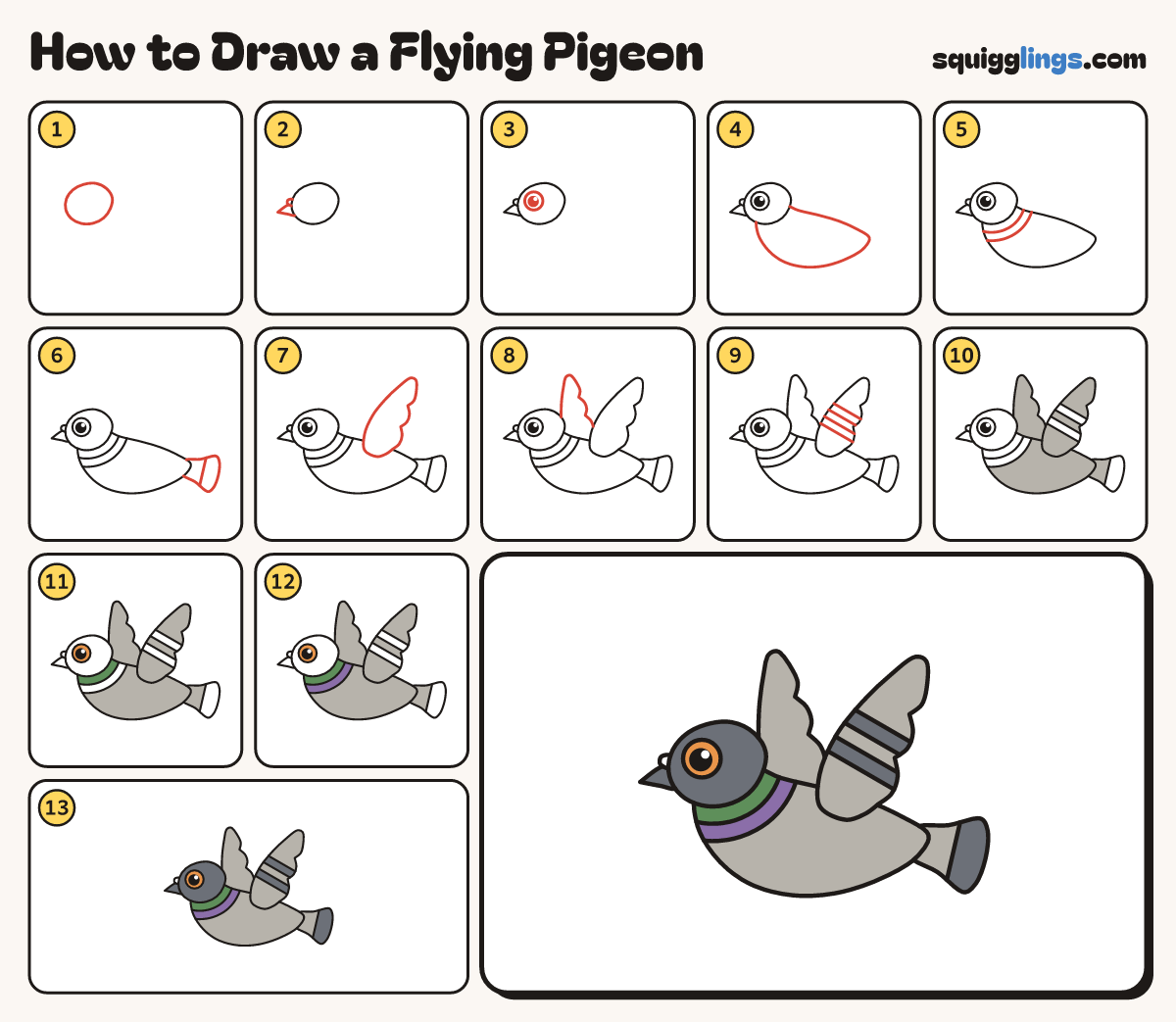 How to Draw a Flying Pigeon step by step: all 13 steps in one picture