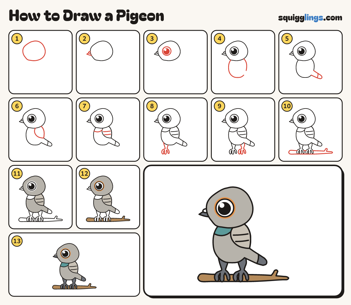 How to Draw a Pigeon step by step: all 13 steps in one picture