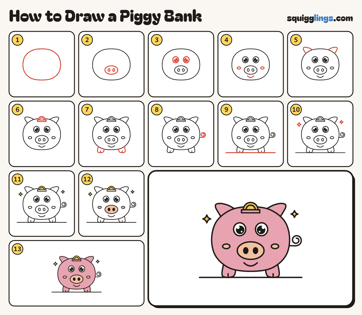 How to Draw a Piggy Bank step by step: all 13 steps in one picture