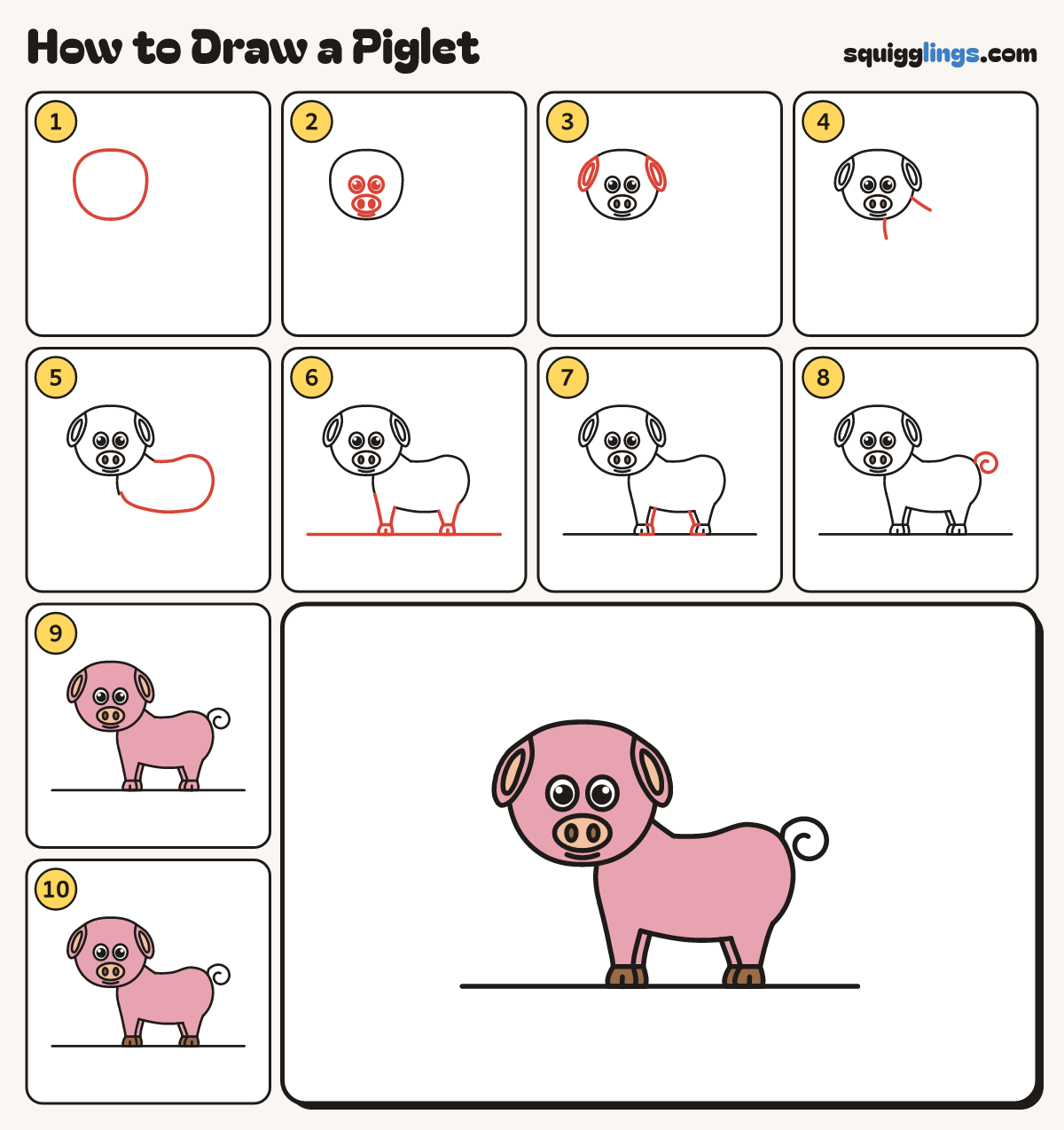 How to Draw a Piglet step by step: all 10 steps in one picture