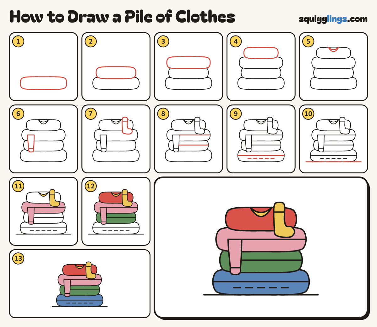 How to Draw a Pile of Clothes step by step: all 13 steps in one picture