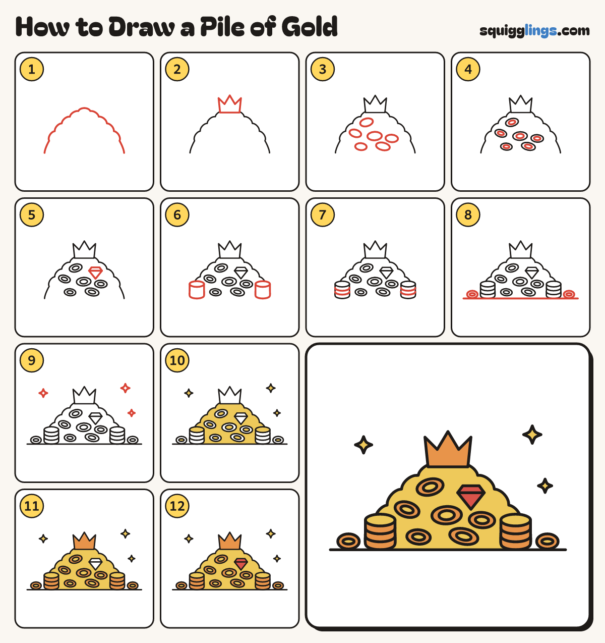 How to Draw a Pile of Gold step by step: all 12 steps in one picture