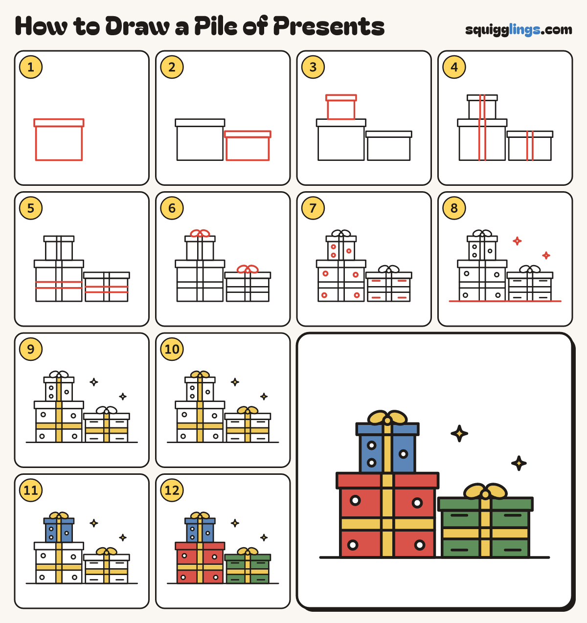 How to Draw a Pile of Presents step by step: all 12 steps in one picture