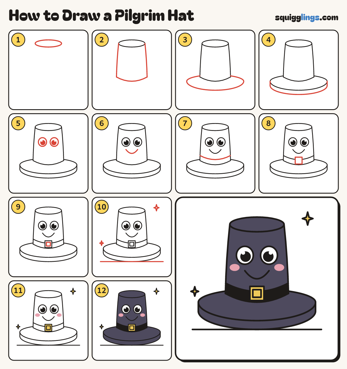 How to Draw a Pilgrim Hat step by step: all 12 steps in one picture
