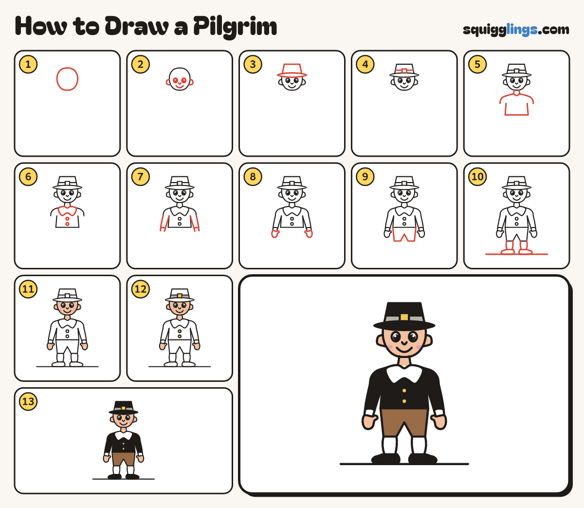 How to Draw a Pilgrim step by step: all 13 steps in one picture