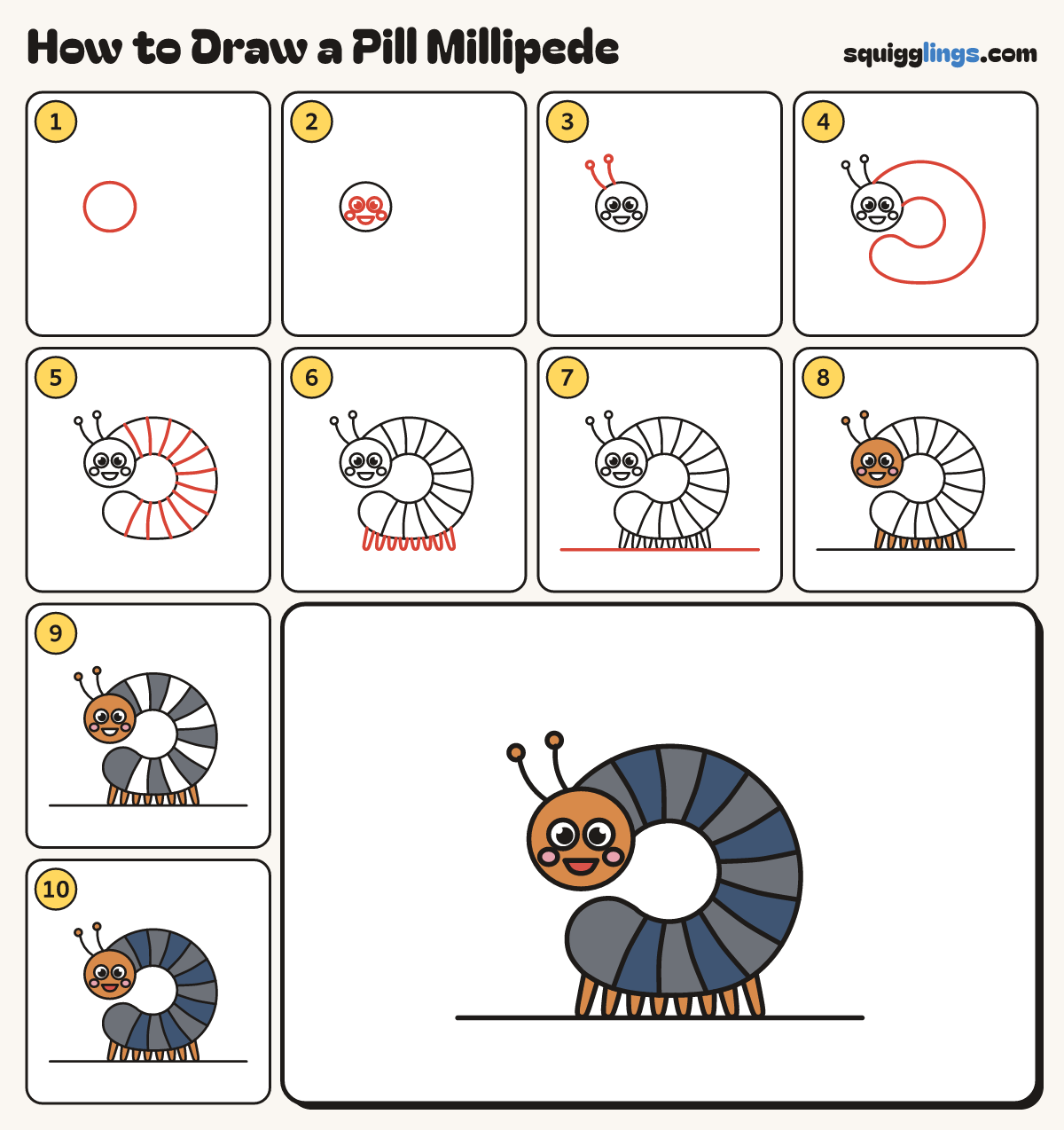 How to Draw a Pill Millipede step by step: all 10 steps in one picture