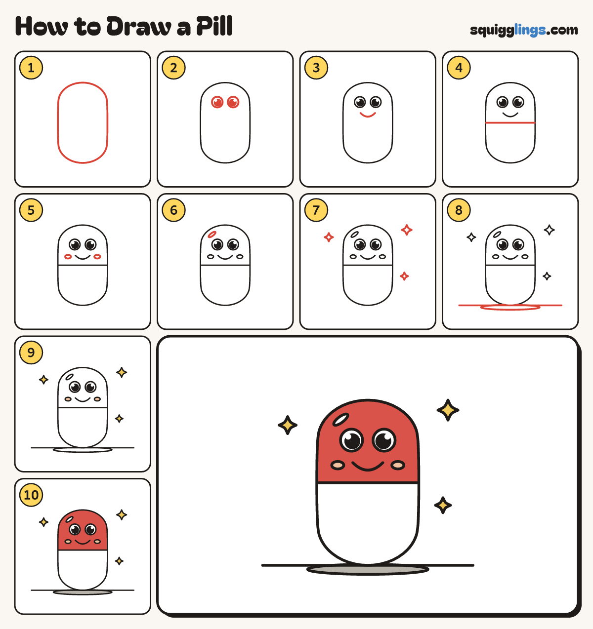 How to Draw a Pill step by step: all 10 steps in one picture