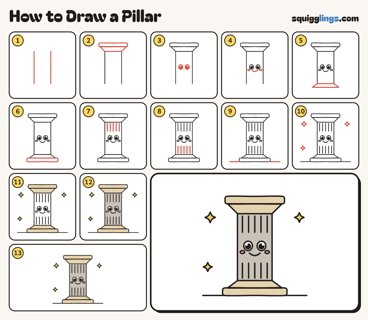 How to Draw a Pillar step by step: all 13 steps in one picture