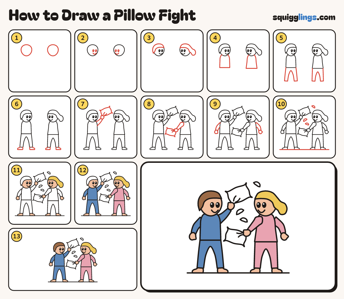 How to Draw a Pillow Fight step by step: all 13 steps in one picture