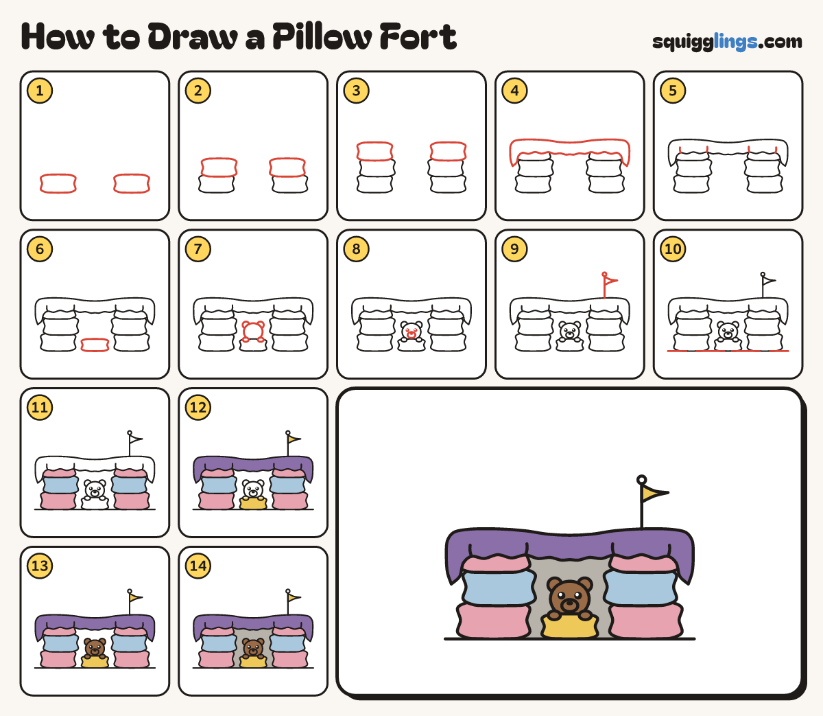 How to Draw a Pillow Fort step by step: all 14 steps in one picture