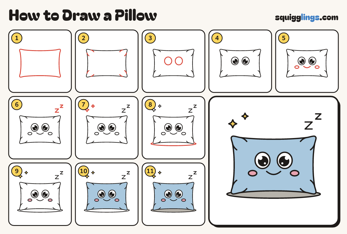 How to Draw a Pillow step by step: all 11 steps in one picture